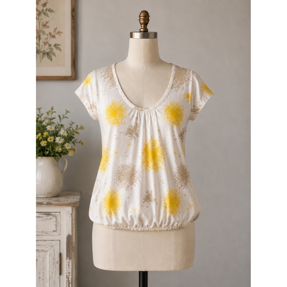 Dandelion Print Shirt Bubble Hem Top Cotton Modal Blouse Sunshine Meadow Large